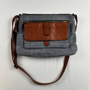 Fossil Denim Crossbody Bag Brown Leather Trim Adjustable Strap Purse